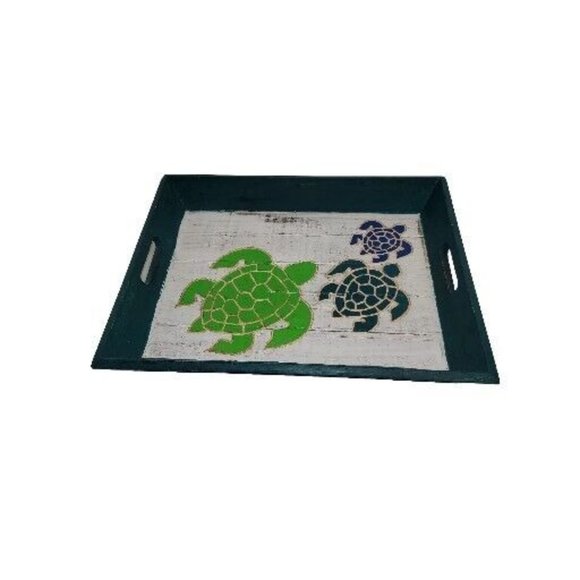 Sea Turtle Wood Tray Hand Painted Turtles Hand Carved Green Blue Serving Tray - Picture 2 of 10